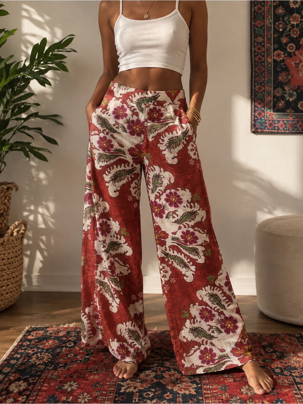 ZARA Floral Wide Leg High Rise Pants XS Boho Resort